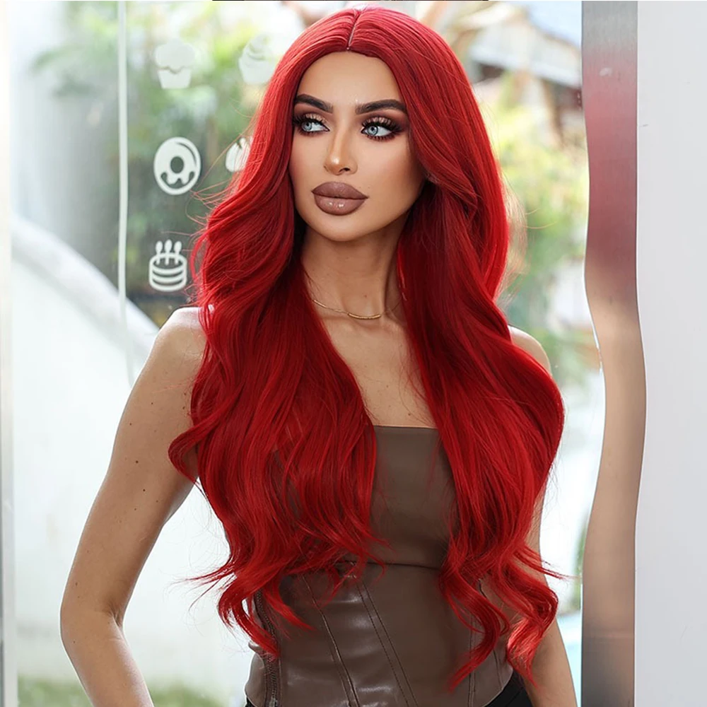 

Wave Synthetic Long Wig Red Fashion Middle-parted Long Curly Hair for Wome Cosplay Wigs Daily Use Heat Resistant Natural Hair
