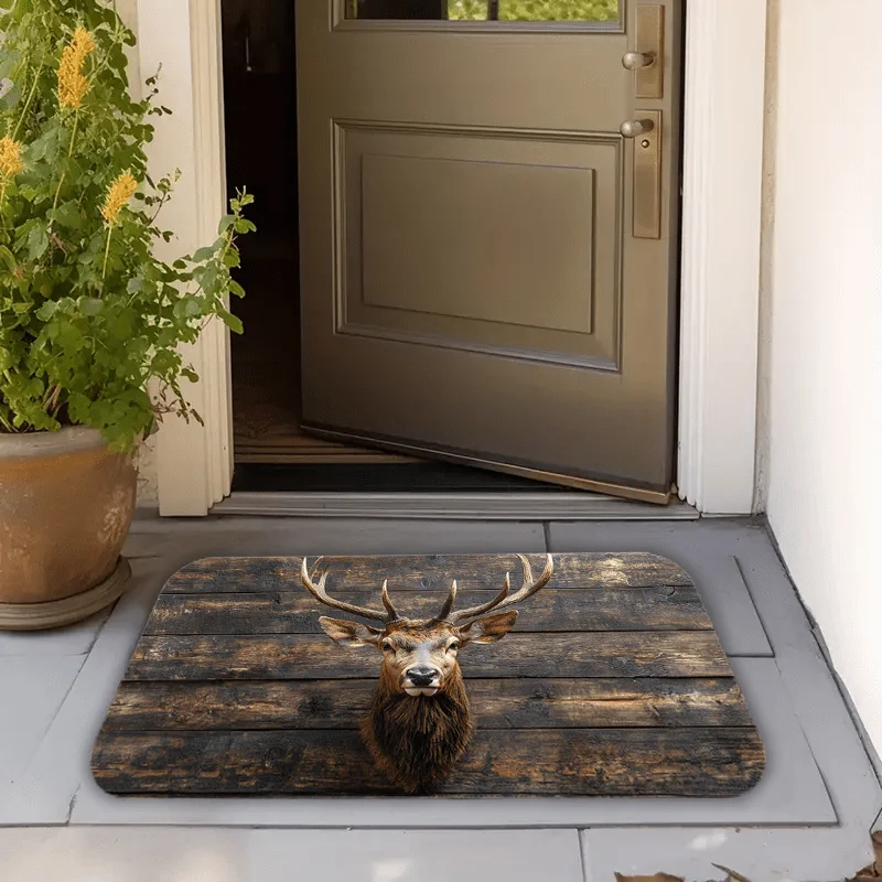 VIKAMA 1pc Rustic Deer Head Rug Flannel Print Wooden Entrance Doormat Carpet For Living Room Bedroom Bathroom Mat Kitchen Rug