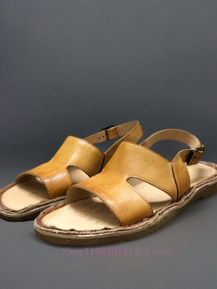 Men Vintage Washed Leather Slingback Sandals Adjustable Buckle Flat Sole Retro Open Toe Casual Summer Shoes