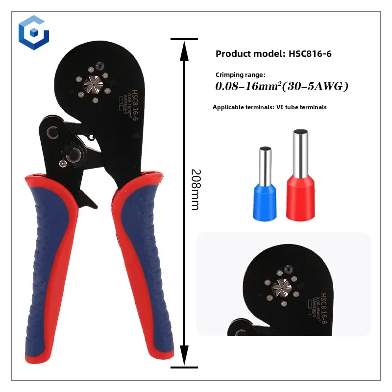 European Style Electrician Specialist Tube Terminal Crimping Pliers Cold Press Six Side Four Side 16 Square Tube Shaped