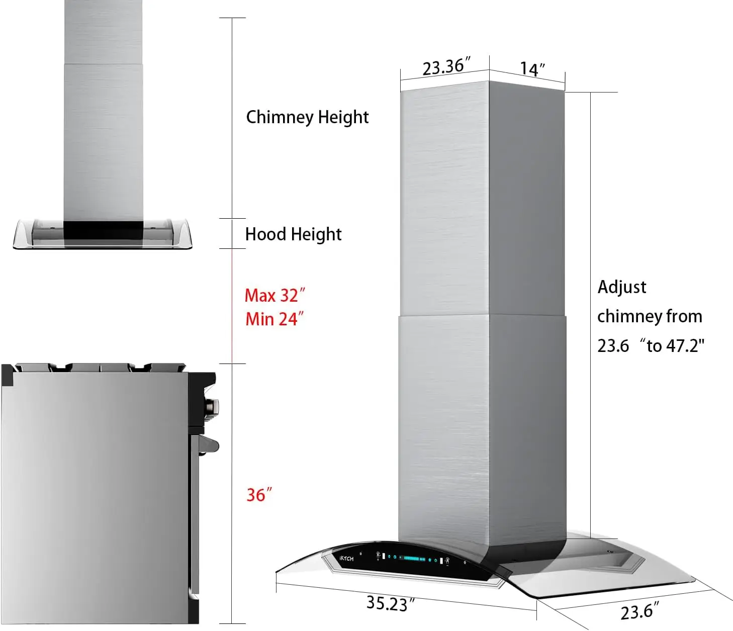 Range Hood,900 CFM Ducted Range Hood with 4 Speed Fan,Stainless Steel& Tempered Glass Range Hood 36 inch