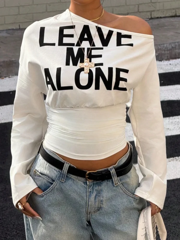 Women Off Shoulder Long Sleeve T Shirt Letter Print Ruched Waist Slim Crop Top Y2K Streetwear Slant Shoulder Casual Blouse