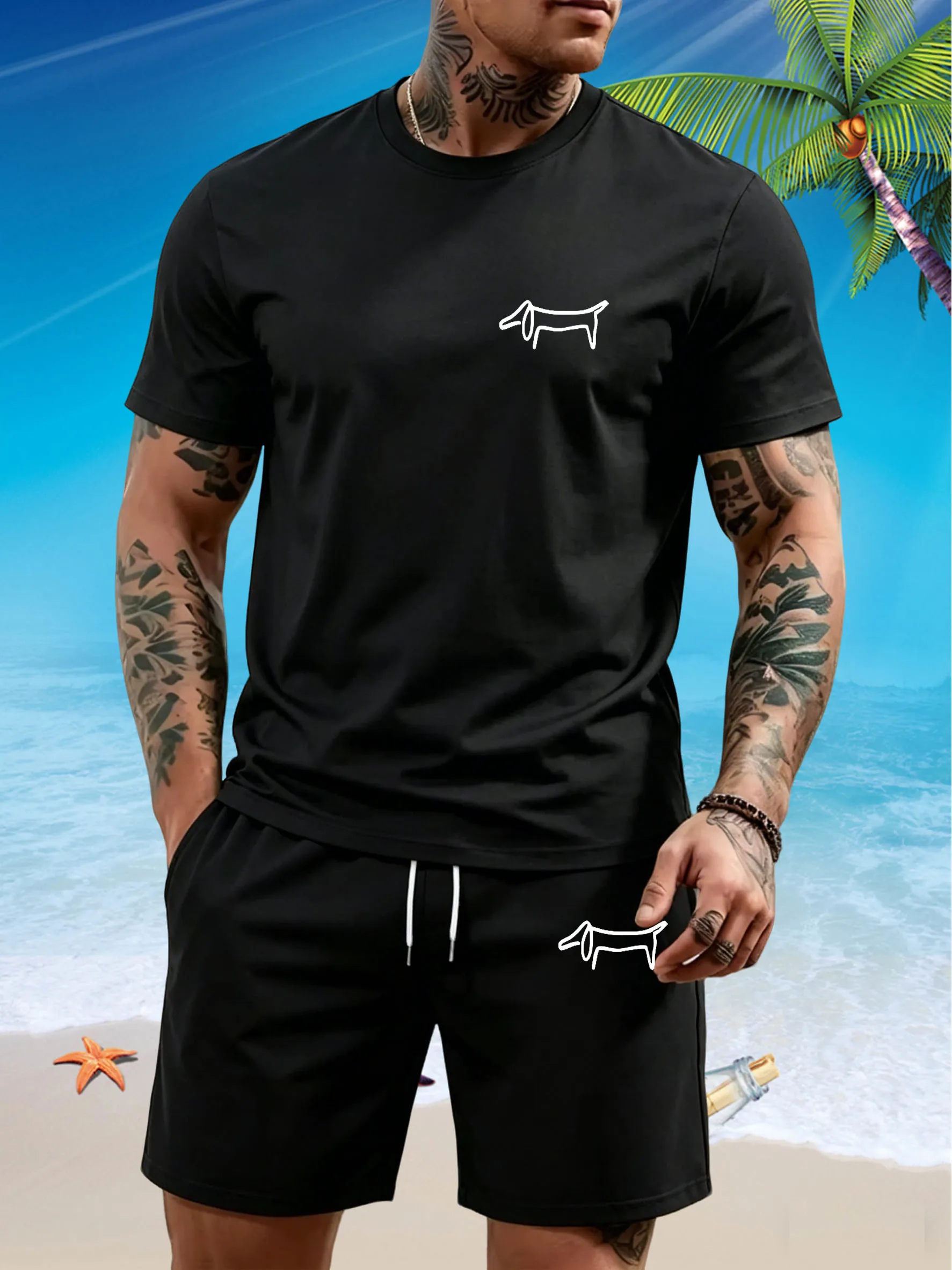 

2026 hot selling pattern men's T-shirt round neck short sleeved drawstring shorts outdoor breathable quick drying shorts