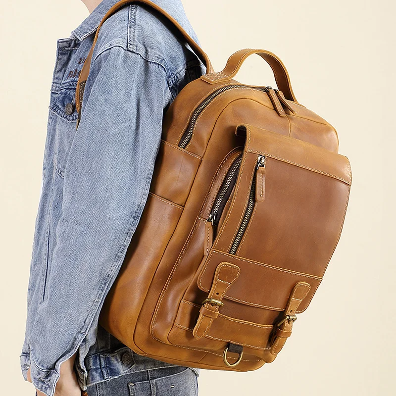 

Men's genuine leather vintage backpack 15.6 inch computer bag crazy horse leather travel business bag simple casual backpack tre