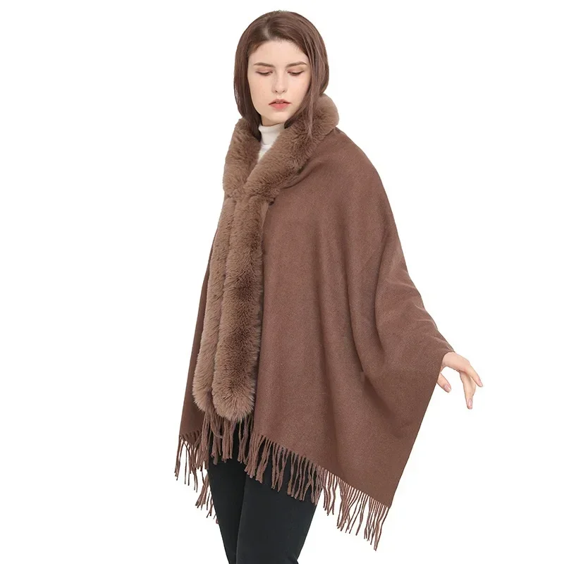 Winter Imitation Wool Collar Cloak Scarf Dual-purpose Female Imitation Cashmere Shawl  Ponchos Lady Capes Cloak Coffee Cardigan