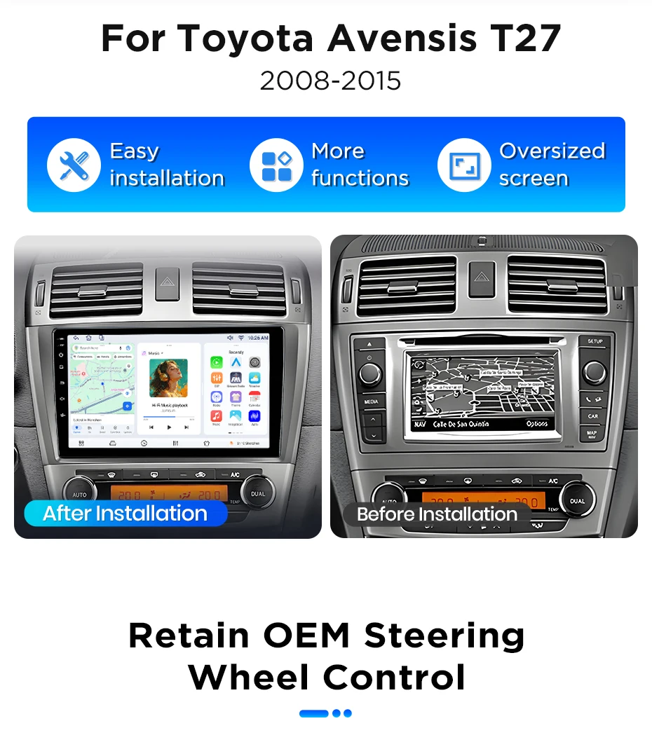 Junsun Android 15 Auto-Intelligentes System für Toyota Avensis T27 2008-2015, kabelloses CarPlay für Apple Auto, 9" – Detail 4