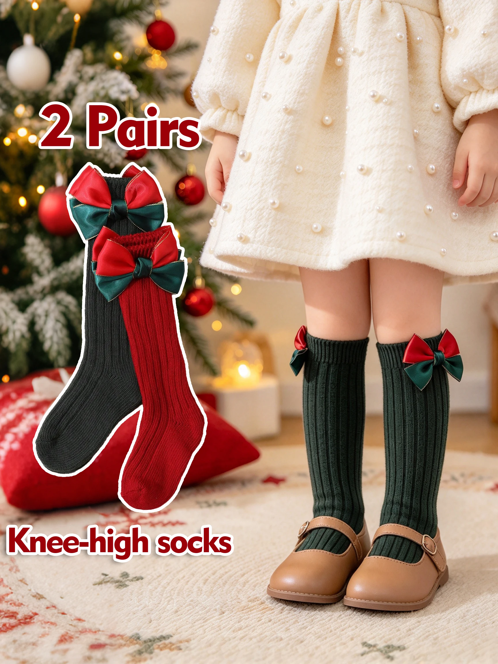 2 Pairs Girls Knee High Socks 0-7Y, Knitted Bow Decor Kids Socks, Autumn Winter Socks for Christmas Thanksgiving New Year Party