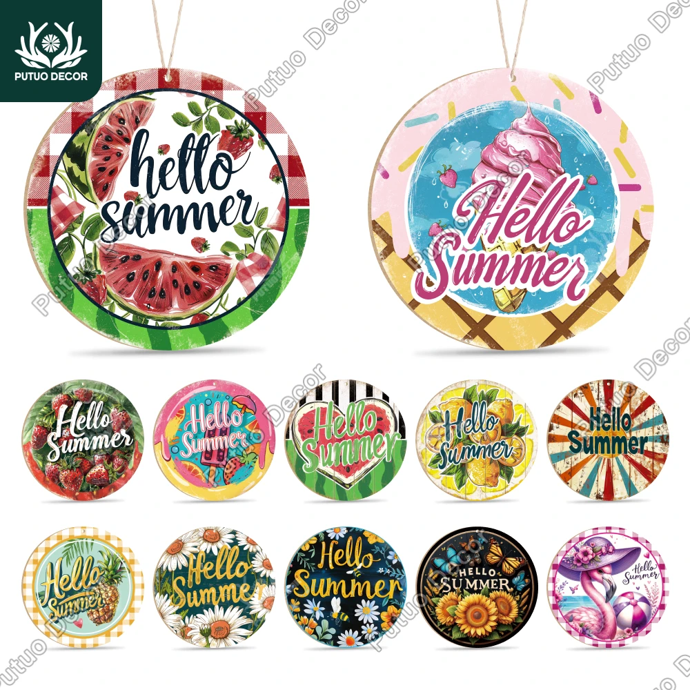 

Putuo decoration round wood hanging signs, summer, Welcome to summer，family porch cafe wall decoration, gifts