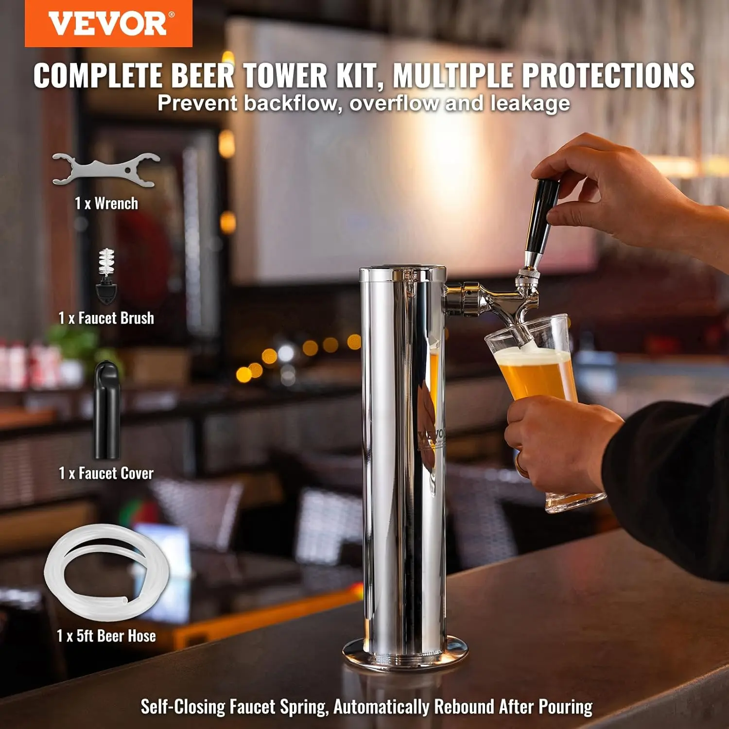 Single Faucet Draft Beer Tower Dispenser, Stainless Steel Keg Beer Tower, Kegerator Tower Kit with Pre-Assembled Tubing and Self