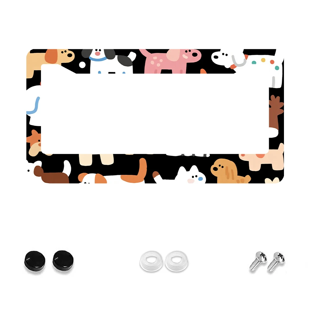 

1pc Black Colorful Dogs Pattern 2 Hole License Plate Frame Aluminum Material 6x12 Inches with Screw Set Cartoon Funny Car Decor