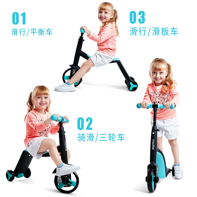 Children\'s Foot Scooter 3 In 1 Function Kick Board Scooter Balance Bicycle Pu Wheel Folding Baby Tricycle Birthday Gift