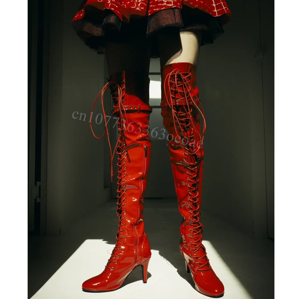 Botas decorativas con cordón alto hasta el muslo rojo, Zapatos de charol atados cruzados Para Mujer, Zapatos finos de tacón alto, Zapatos Para Mujer 2025