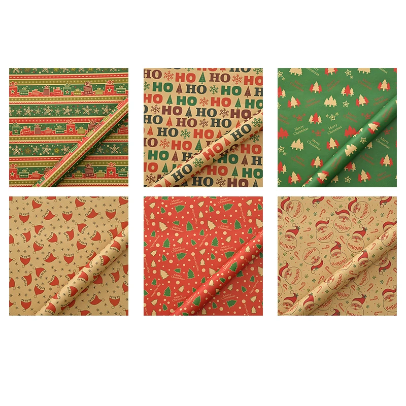 6pcs Vintage Kraft Paper Packaging Paper Christmas Gift Wrapping Paper Snowman Bell Christmas Tree Gift Paper 50*70cm