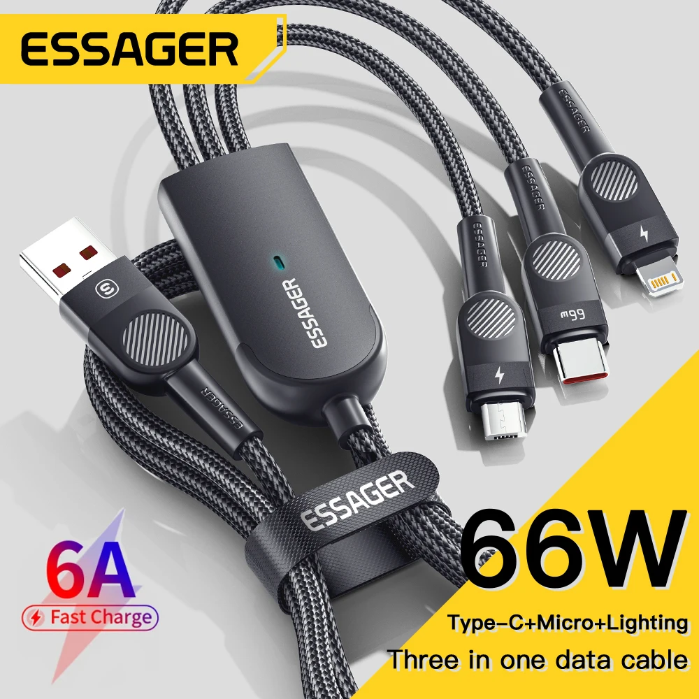 Essager 6A 66W 3 in 1 USB Type C Cable Micro USB Wire For iPhone 14 13 Pro Max Samsung Xiaomi Huawei POCO Mobile Phone Data Cord