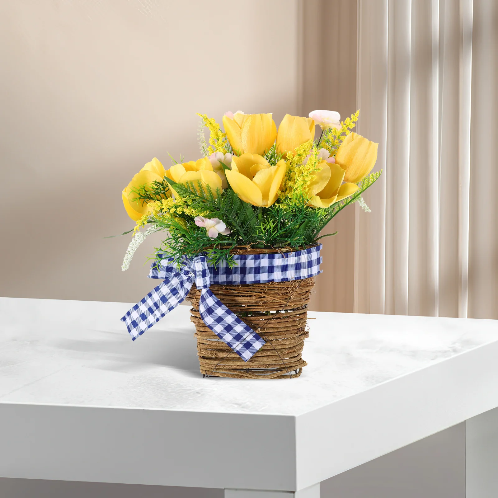 

Simulation Flower with Basket Artificial Yellow Flowers Lifelike Appearance Home Decoration Photography Backdrop Sofa Accent