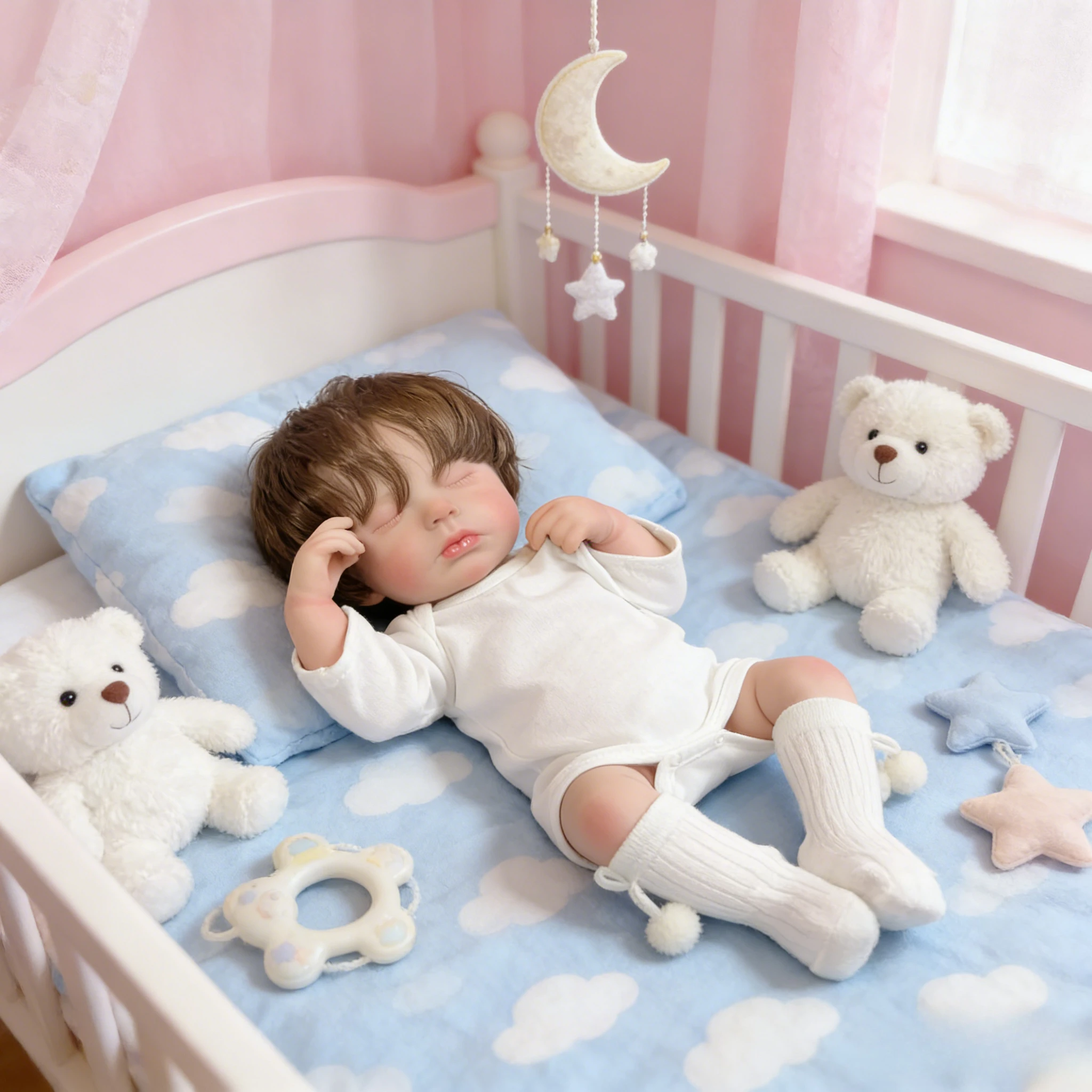 48 cm lebensechte wiedergeborene Babypuppe Loulou mit sichtbaren Adern zum Schlafen, voller Vinyl-Körper, Stoff, Hände, handgewurzeltes realistisches Haar