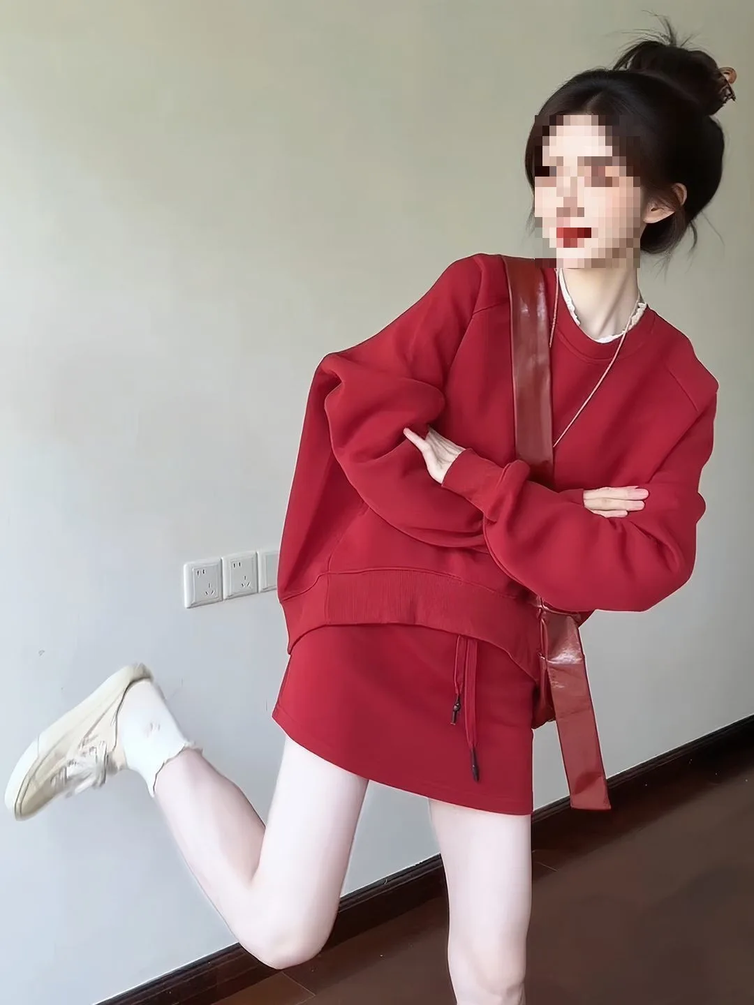 Red Casual Sports Sweatshirt Jacket And Skirt For Women, Early Autumn Outfit, A Complete Relaxed Two-Piece Set