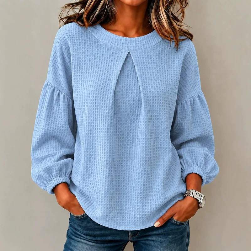 Ladies Casual Waffle Texture Long Sleeve Tops Loose Puff Sleeve Crew Neck Comfortable Daily Wear Blouses For Women Outdoor Home view 3