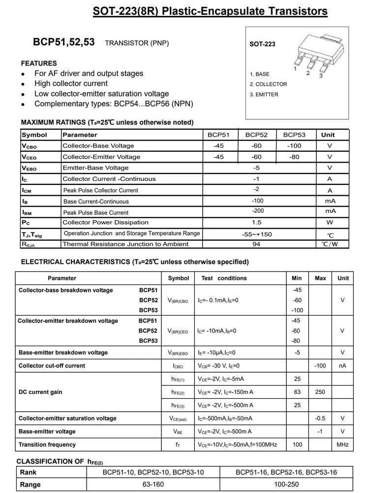 BCP51 BCP52 BCP53 BCP54 BCP55 BCP56 SOT-223 20PCS BJT power Silicon Epitaxial PNP transistor