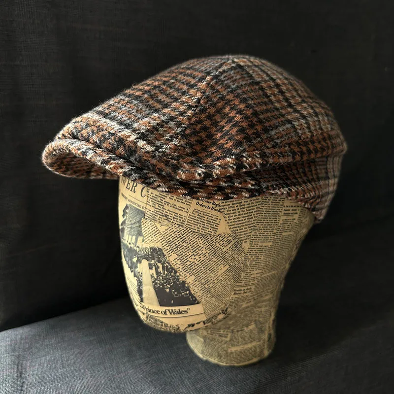 New Trendy Vintage Plaid Newsboy Cap Men Women Retro Tweed Flat Ivy Driver Hat Warm Wool Checkered Beret Autumn Winter Headwear