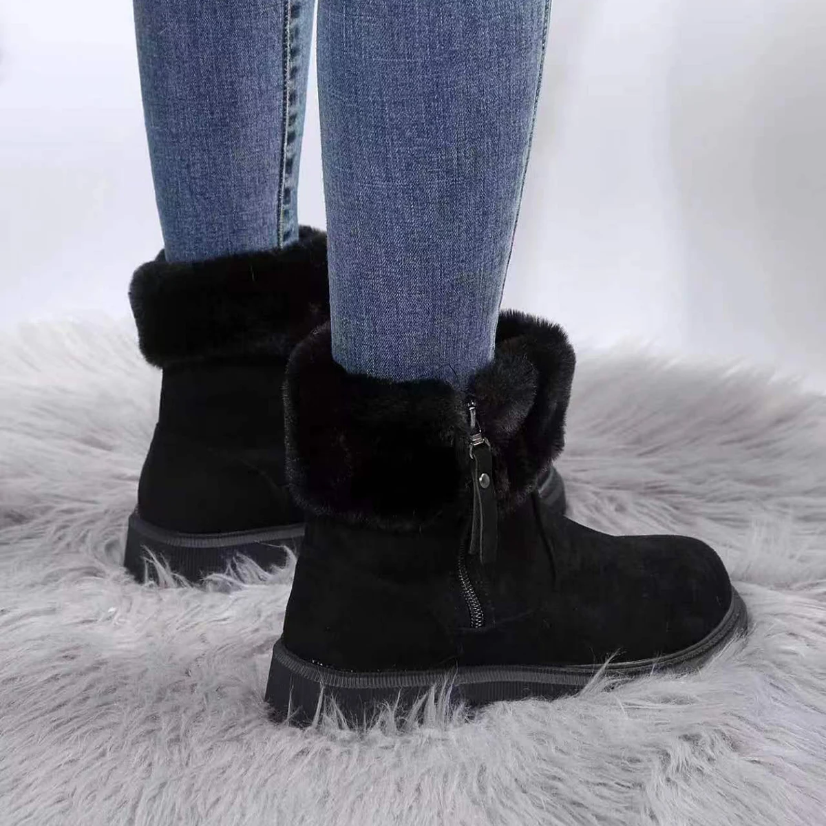 Winter Snow Boots For Women Short Tube Cotton Shoes Velvet Thicke British Style Outside Side Zipper Turned-over Edge Plus Size