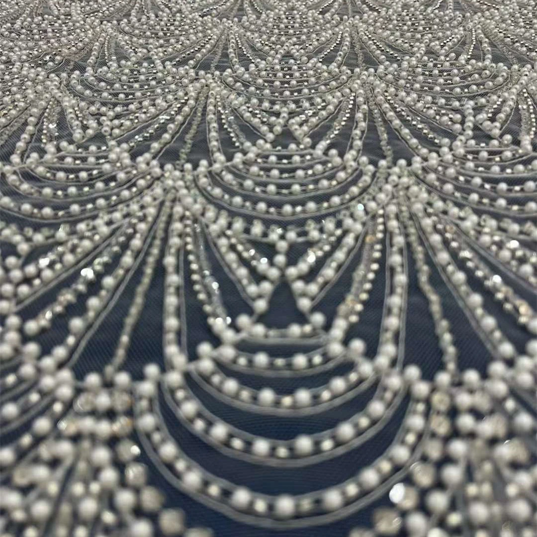 Pearls Beading Lace Fabric Luxury Tulle Fabric with Rhinestones 2023 Wedding Dress Gowns Accessory Sewing DIY Lace