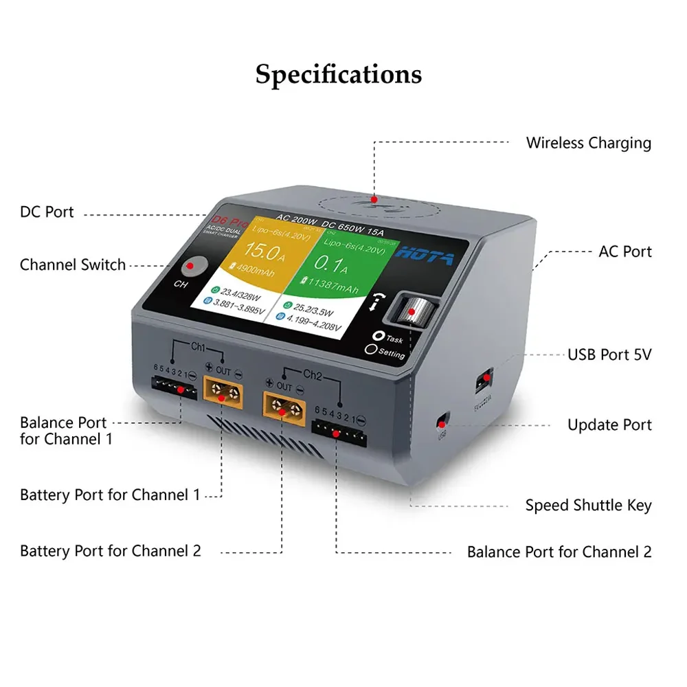 HOTA D6 Pro AC 200W DC 650W 15A*2 Dual Channel Lipo Oplader Ondersteuning Stroomverdeling 1-6S Batterijlader voor RC Modellen Onderdelen - afbeelding 2