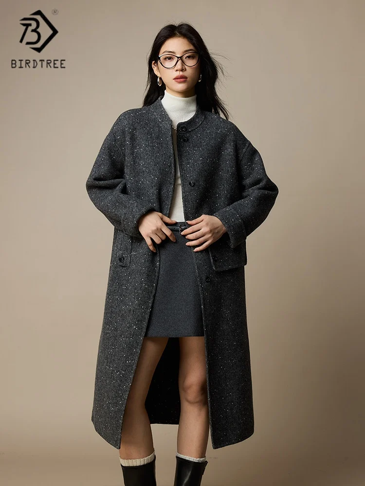 

Birdtree,Wool Blended Long Cardigan,Woman Stand Collar Sweater,Double-side Woolen,2025 Autumn Winter Overcoat,Black T5N309JF