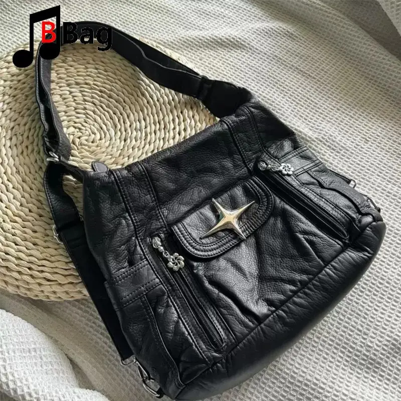 Original Design Women Bag Black Four Pointed Star Tote Bag Large Capacity Multi Pocket Shoulder Backpack Crossbody Y2K Bag
