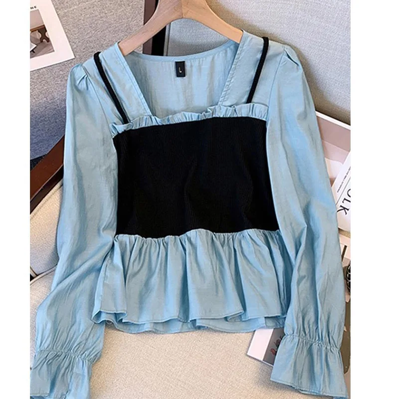 Fashion Patchwork Short Blouse Women\'s Wear New Classic Loose Flare Sleeve Square Collar Office All-match Lady Shirt 2023