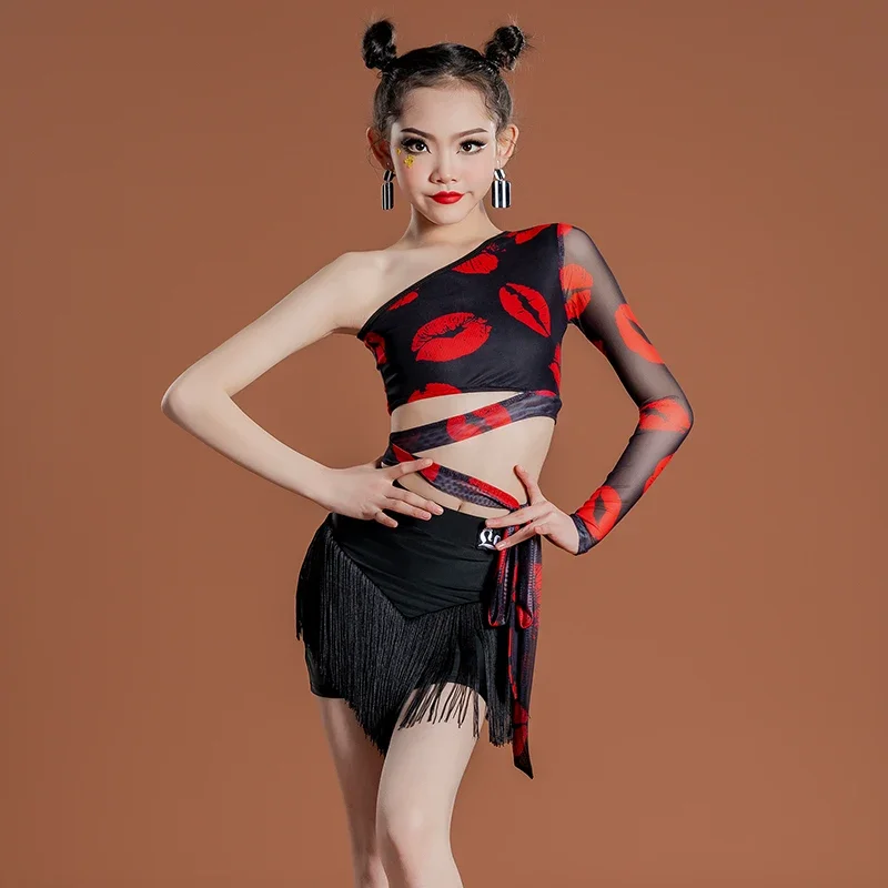 

Latin clothing, children's summer black dance dress, high-end training clothing for girls, children's performance clothing, perf