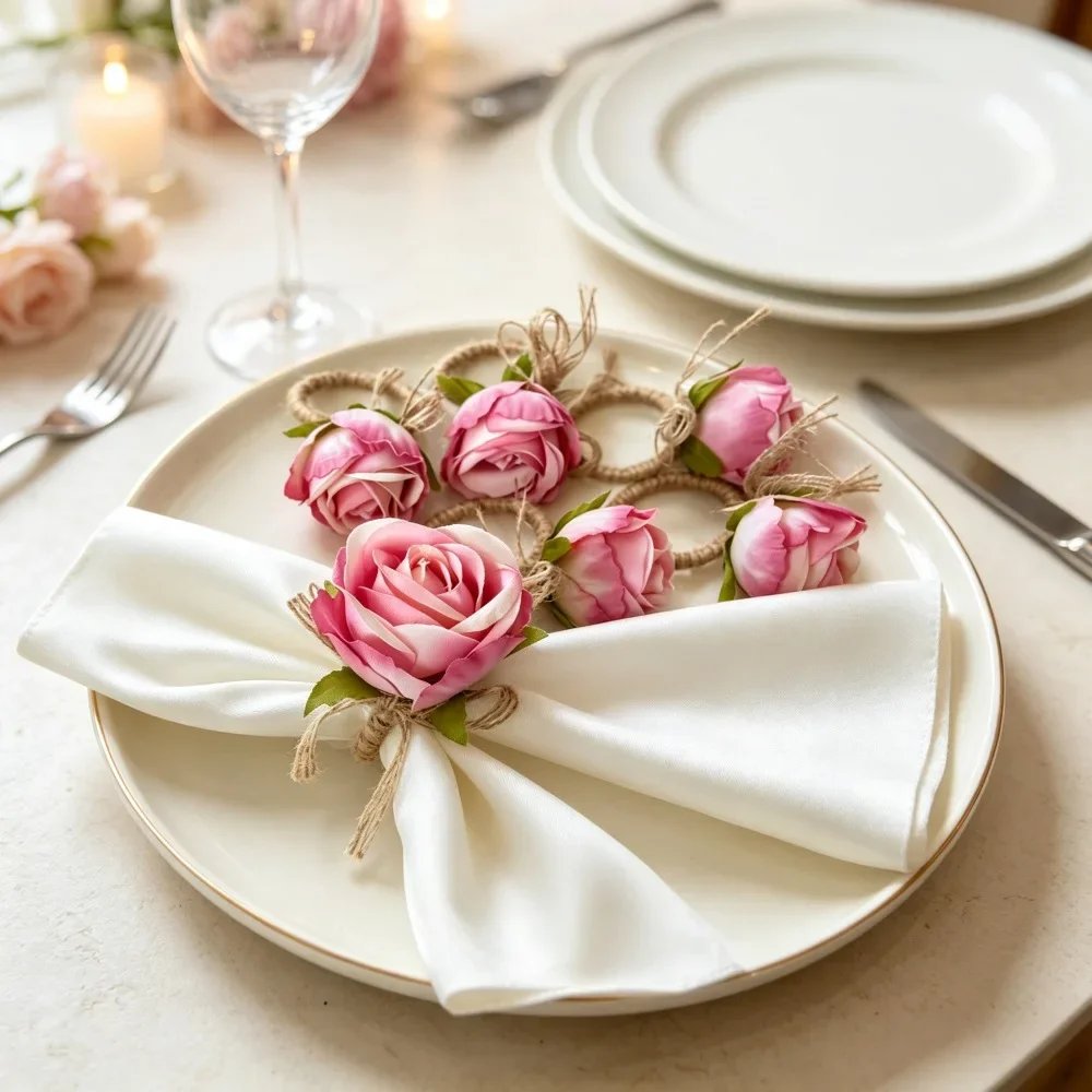 2pcs Handmade Jute Twine Bowknot Simulated Rose Napkin Rings, Boho Napkin Holders For Wedding Party Valentine's Day Table Decor