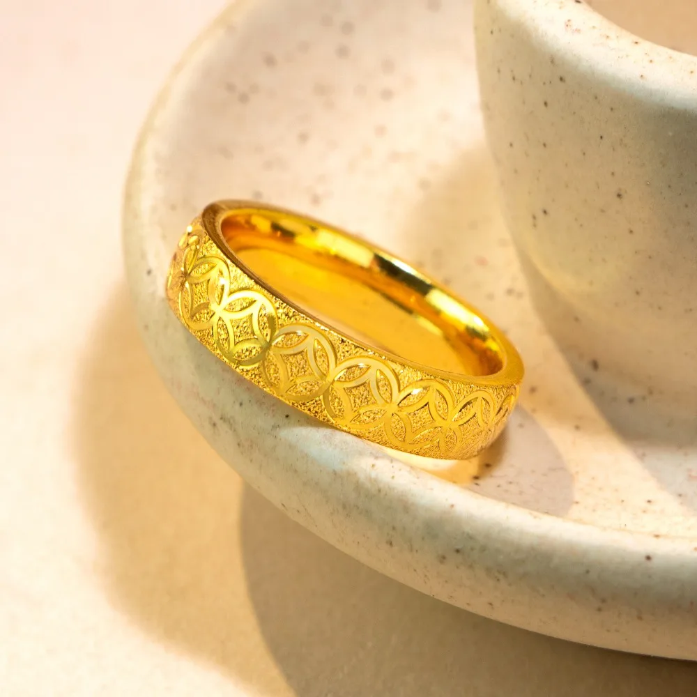 Copper grain ring small design light luxury coins closed index finger ring 9999gold