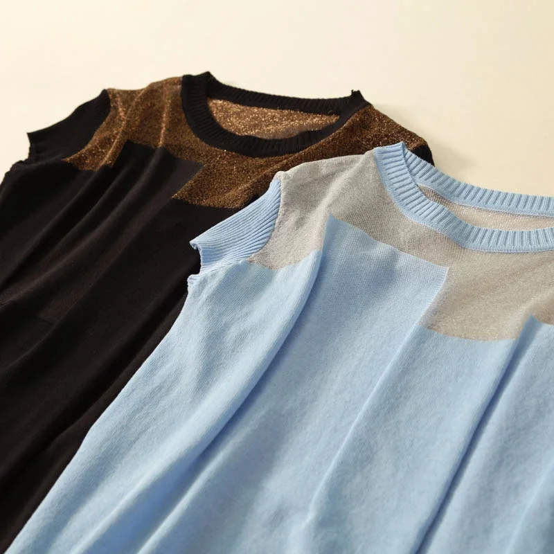 2024 Korean O-neck Short Sleeve Knitted Tops Patchwork Ice Silk Blusas Women Pullover Fashion Thin Blouse Mujer De Moda 8796
