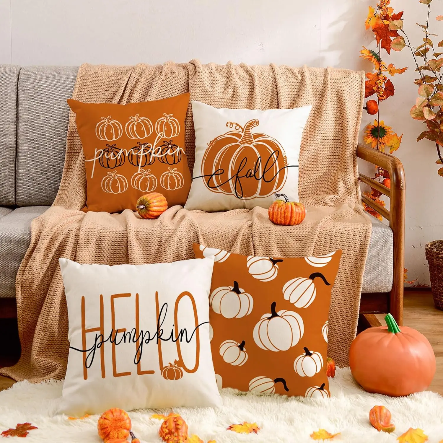 1pc/4pcs Vintage Fall Pillow Covers 18x18 Inch - Autumn Orange White Pumpkin Design for Thanksgiving No Pillow Core Included