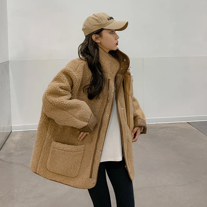 Vintage Jacket Thick Warm Solid Suede Jacket Motorcycle Loose Women\'s Coat Lambswool Drawstring Waist Khaki Cotton Outerwear