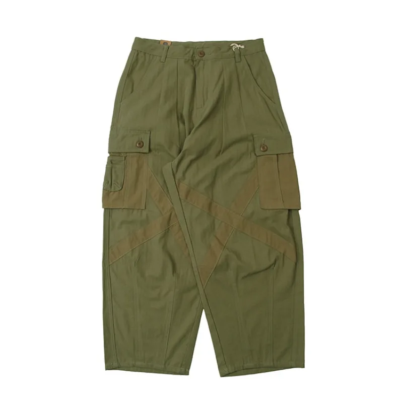

Тяжелые широкие укороченные брюки для мужчин — японские винтажные потертые брюки-карго с несколькими карманами, свободные прямые брюки