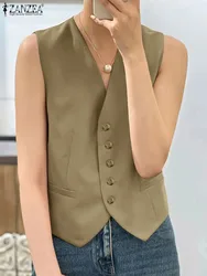 ZANZEA Women Summer Blazer Vest Stylish V Neck Sleeveless Blouse Vintage Solid Buttons Down Tops Elegant Ladies Office OL Shirt