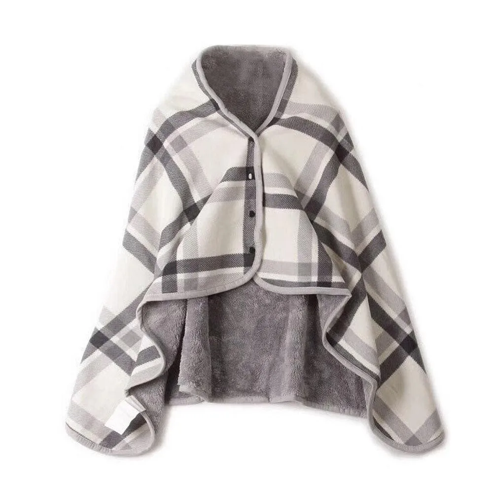 Wearable Plaid Fleece Blanket With Button Polyester Winter Warm Throws On Sofa Bed Travel Thicken Bedroom Grey Throw Blanket