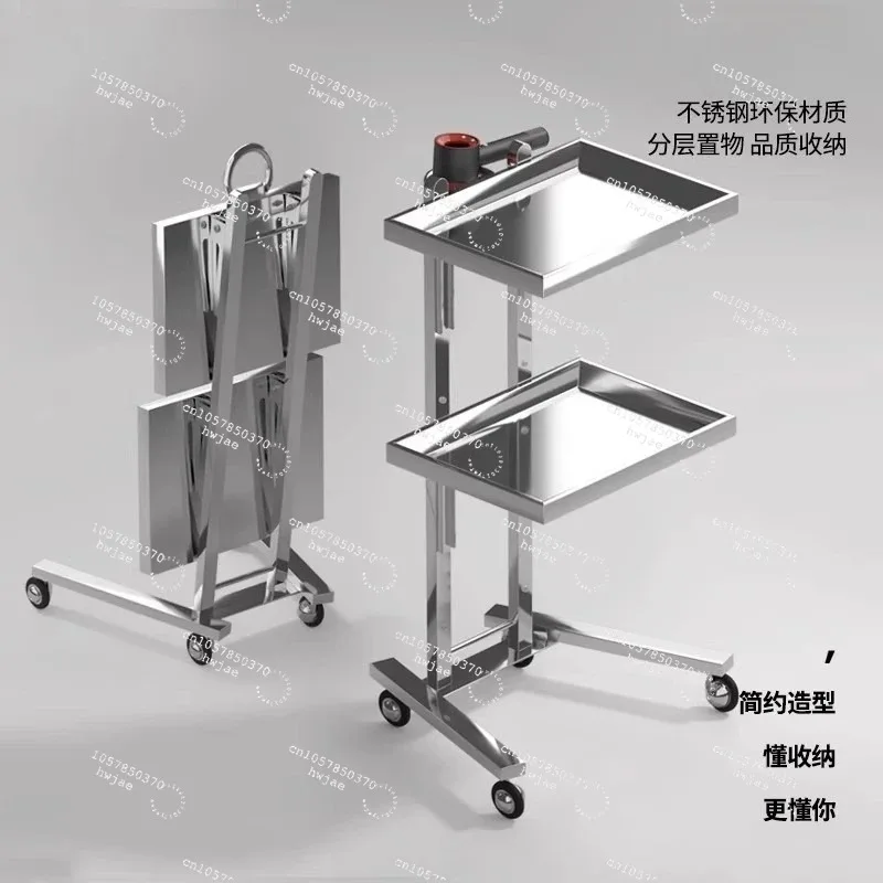For 2-Tier Foldable Stainless Steel Utility Rolling Trolley for Salon & Supermarket Use