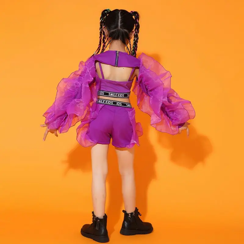 Dance Clothes Concert Stage Performance Wear 2023 New Girls Jazz Dance Costume Purple Fluffy Sleeves Suit Kids Hip Hop