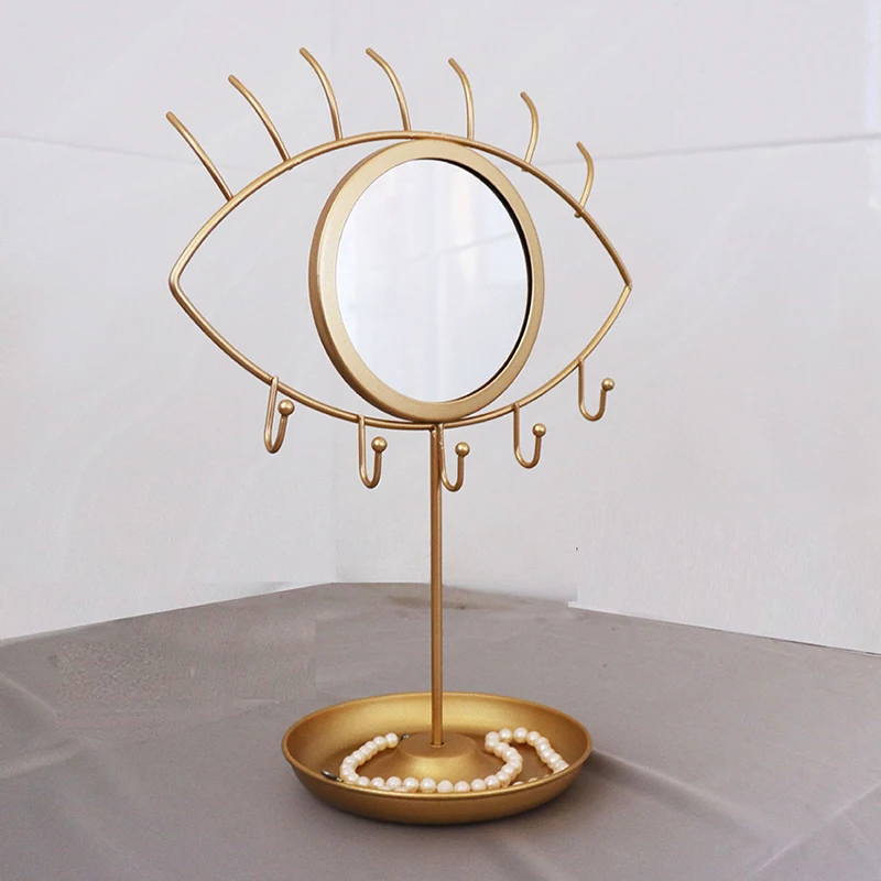 Tabletop Makeup Mirror with Jewelry Storage Base, Vintage Mirror Golden Wrought Iron Eye Mirror Bathroom Bedroom Dressing Mirror