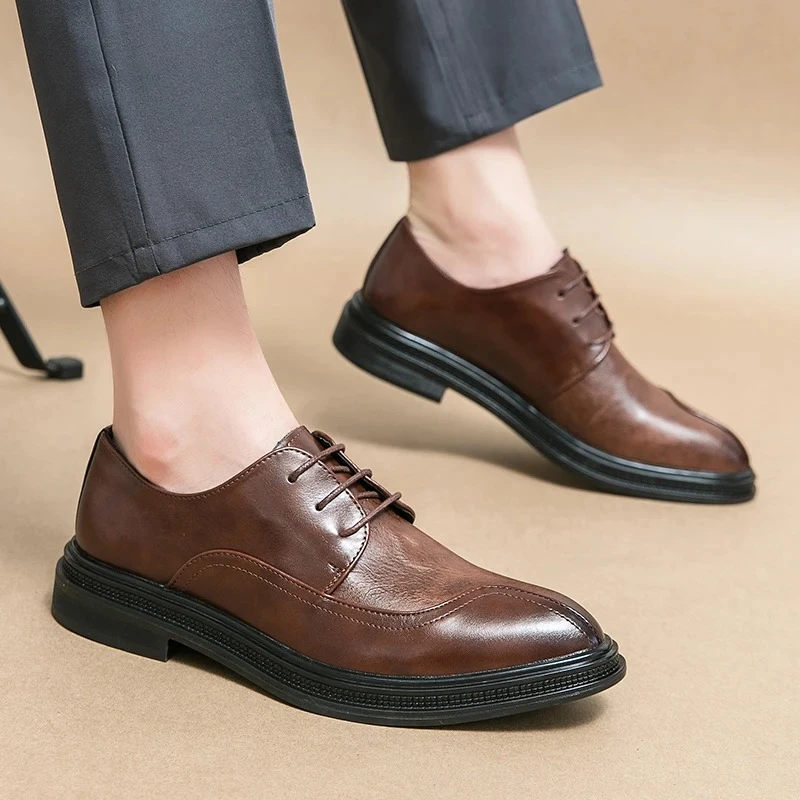 British Style Men's Lace‑up Pointed Toe Spliced Formal Leather Shoes Business Wedding Male Daily Shoes Anti Slip Driving Shoes