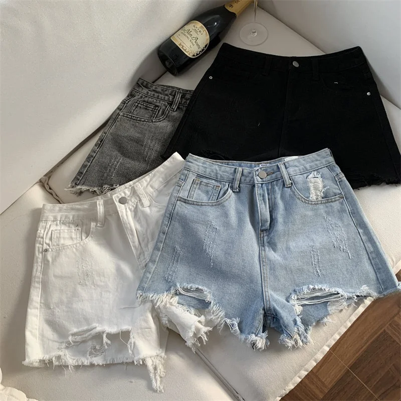 

plus Size Denim Shorts Women's Summer Loose Wide Leg Frayed Hem A-Line Hot Pants High Waist Vintage Style Cotton Blend Shorts