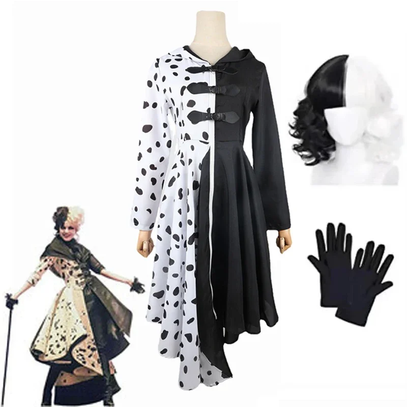 أنيمي Volwasss Cruella De Vil تأثيري ، أزياء الهالوين ، Pruiken ، Dalmatiërs ، Cruella Zwart ، Wit Jurk