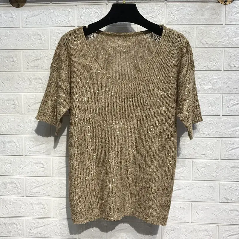 Women's New Style Knitted Gold Sequins Hollow Loose Large Size Pullover Knitted Blouse V-neck Short-sleeved Top