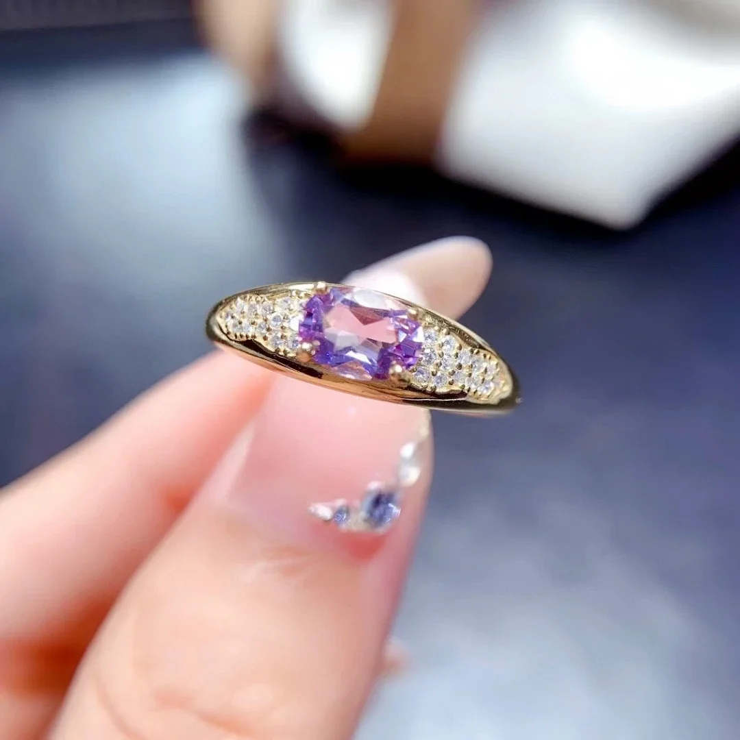 Solid 925 Silver Light Purple Amethyst Silver Ring 5mm*7mm 0.7ct Natural Amethyst Ring with 3 Layers 18K Gold Plating