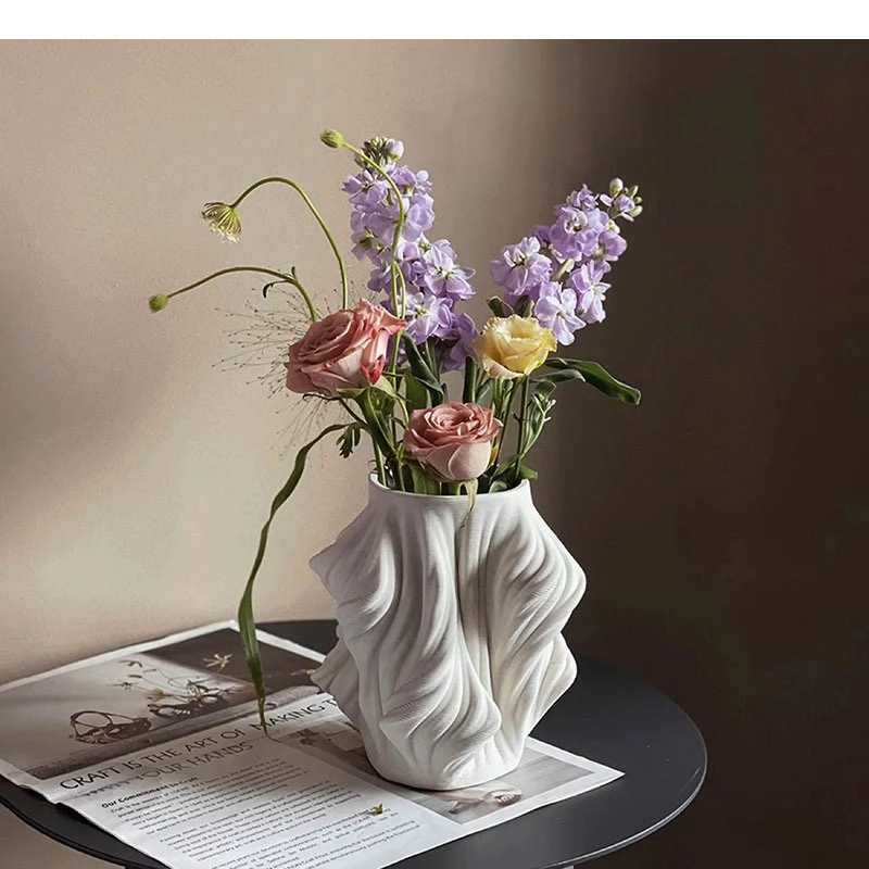 Pure White Textured Ceramic Vase Tabletop Flower Ware Ornament Arrangement Living Room Aesthetic Decoration