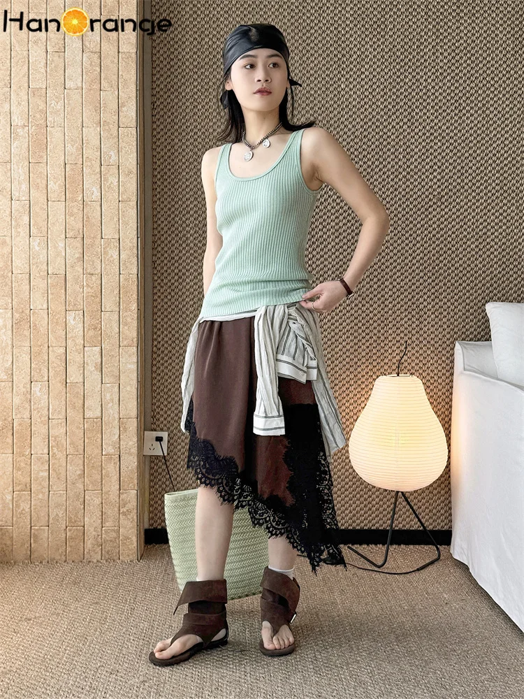 HanOrange 2026 Summer lazy Pit Stripe Knitted Wool sweater Vest women Slim Fit Sleeveless Top Black/Light Gray/Green/Red/White