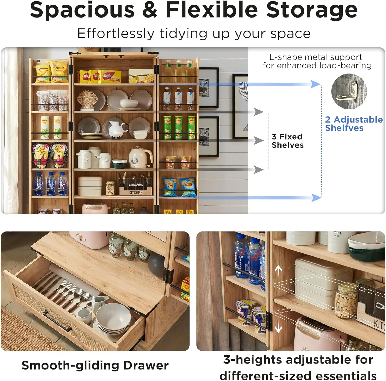 Armoire de Garde-Manger de Cuisine en Rotin de 72 Pouces, Grand Meuble de Rangement Boho avec 2 Portes et Étagères, Polyvalent